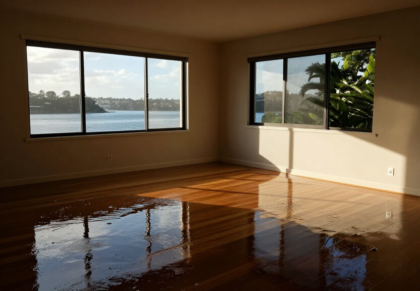 Flooded living room in a Banksia home before restoration